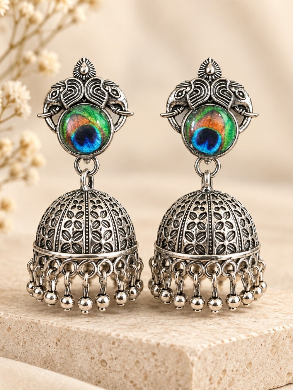 Peacock Feather Oxidized Silver Jhumka Earrings | Indian Statement Jewelry